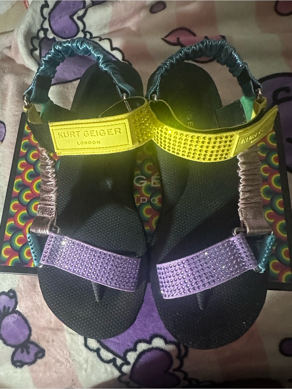 Kurt Geiger Multicolor Crystal-Embellished Sandals- Yellow, Teal, Pink, & Purple